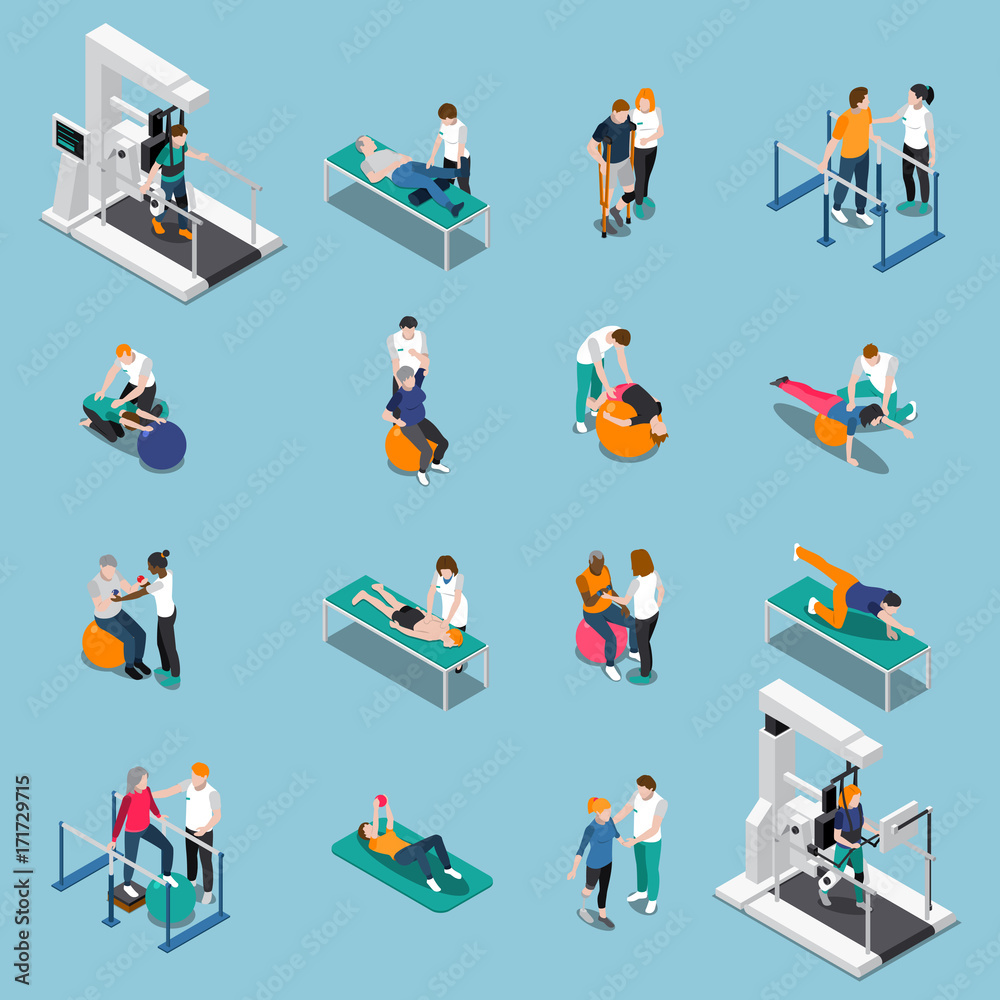 Physiotherapy Rehabilitation Isometric People Icon Set Stock Vector ...