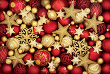 Christmas Decorative Background With Red And Gold Bauble Decorations.