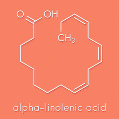 Poster - Alpha-linolenic acid (ALA) molecule. Essential polyunsaturated omega-3 fatty acid, present in many vegetable oils. Skeletal formula.