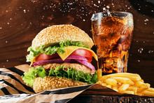 Studio Photography Of A Hamburger With Fries And A Coke