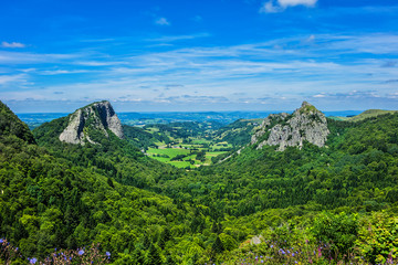 Famous Auvergne rocks: Tuiliere and Sanadoire. Volcans d'Auvergne regional natural park, Monts Dore Mountains, Auvergne, France.