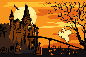 Wall Mural - Old ruined isolated castle with ghost at night.
