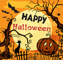 Wall Mural - Old  isolated tree with pumpkin at night.