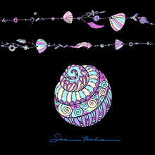 Sea Life Elements For Embroidery On Black Background. Suitable F