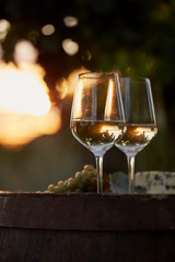 Two glasses of white wine with food at sunset