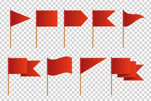 Vector Set Of Realistic Isolated Red Flags For Decoration And Covering On The Transparent Background. Concept Of Pointer, Tag And Important Sign.