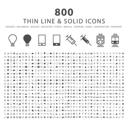 Poster - Set of 800 Minimal Thin Line and Solid Icons ( Multimedia Business Ecology Education Fitness Medical Family Shopping Transport and Constrction ) . Vector Isolated Elements