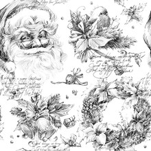 Christmas Santa Clause Seamless Pattern. New Year Retro Background.