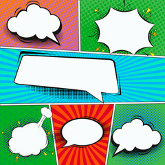 Aufkleber - Comic book page template in pop-art style. Colorful background with speech bubbles, balloons, sound, radial, dotted and halftone effects