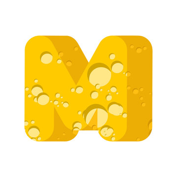 Letter M cheese font. Symbol of cheesy alphabet. Dairy Food type sign. Vector illustration