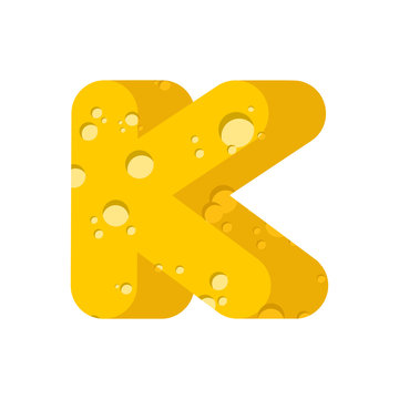 Letter K cheese font. Symbol of cheesy alphabet. Dairy Food type sign. Vector illustration