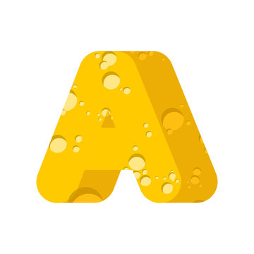 Letter A cheese font. Symbol of cheesy alphabet. Dairy Food type sign. Vector illustration