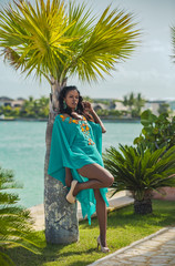 photo shoot of a beautiful dark-skinned latina on the background of nature, in the amphitheatre, on 