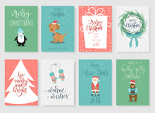 Set Of 8 Christmas Greeting Cards With Hand Drawn Characters.