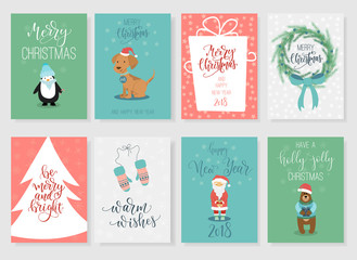 Set of 8 christmas greeting cards with hand drawn characters.