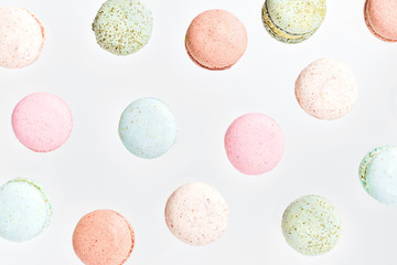 Macarons, top view flat lay, fly falling macaroon