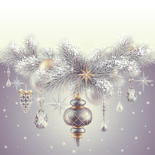 Digital Illustration, Silver Christmas Tree Hanging Ornaments, Vintage Christmas Background, Winter Holiday, Festive Greeting Card, Blank Banner