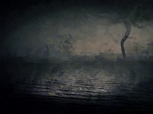 Painted On Canvas Hand Drawn Landscape Of The Storm. Grunge Black And White Art Painting Picture. Tornado In The Ocean.
