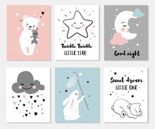 Little Bear, Rabbit, Moon And Star, Cute Characters Set, Posters For Baby Room, Greeting Cards, Kids And Baby T-shirts And Wear