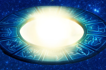 Wall Mural - Mystical zodiac with astrology signs and magic light in blue, greem yellow colors 