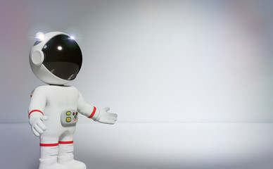 Wall Mural - 3d cartoon astronaut presenting an empty white space with spotlight