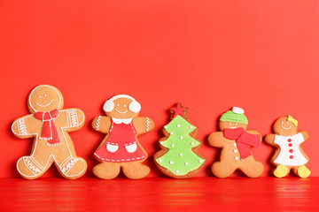 Sticker - Tasty Christmas homemade cookies on color background