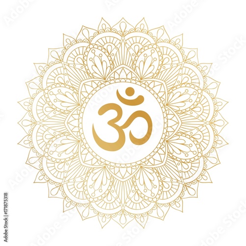 Photo Golden Aum Om Ohm symbol in decorative round mandala ornament.