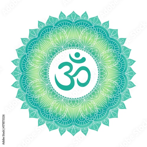 Fotomural Aum Om Ohm symbol in decorative round mandala ornament.