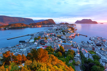 Wall Mural - Colorful sunset in Alesund port town