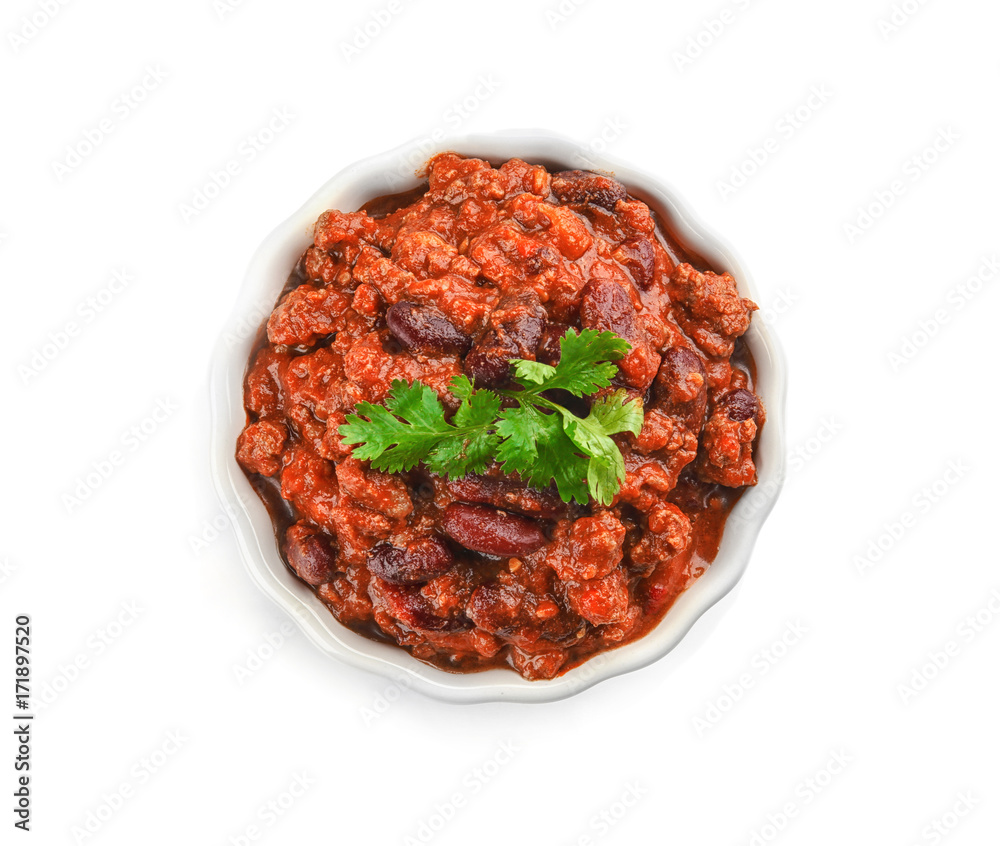 Chili con carne in bowl on white background