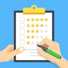 Poster - Clipboard with star rating. Hand holding clipboard and hand holding pen ready to check checkbox. Customer review, quality control, marketing, evaluation concept. Modern flat design vector illustration