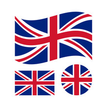 Great Britain Flag Set. Rectangular, Waving And Circle Union Jack Flag. UK, British National Symbol. Vector Icons