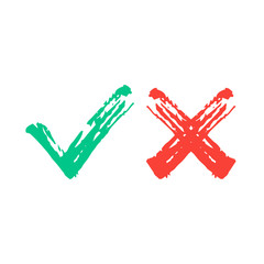 Aufkleber - Handdrawn check marks icons set. Green tick and red cross checkmarks hand drawn icons set. Vector illustration