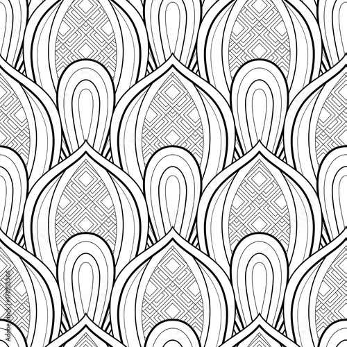 Fototapeta Monochrome Seamless Pattern with Ethnic Motifs Endless Texture with Abstract Design Element Art Deco, Nouveau, Islamic, Arabic Style Coloring Book Vector Contour Illustration Ornate Abstraction