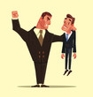 Angry bad strong office worker businessman character beats the weak one. Competition concept. Vector flat cartoon illustration

