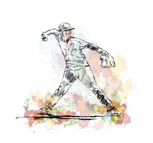 Watercolor Sketch Of Baseball Bowler Player In Vector Illustration.