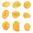 Nine different potato chips isolated on white. Top view.
