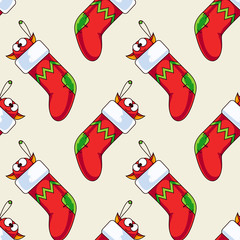 Wall Mural - Cute Creature in Christmas Stocking Seamless Pattern