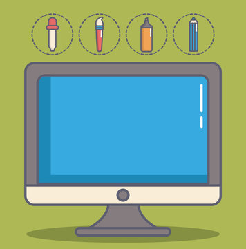 computer with drawing utensils over green background colorful design vector illustration