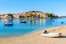 Dingy Boat On Idyllic Beach In Primosten Town, Dalmatia, Croatia
