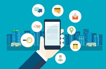 Poster - flat design use mobile business for daily life and smart business concept
