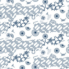 Japanese pattern in blue and orange colors. Japan inspired abstract texture design with clouds, sacura flowers and fans.