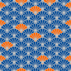 Wall Mural - Japanese fan vector seamless pattern in blue and orange color style. Japan seashell inspired floral design.