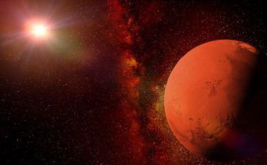 Wall Mural - mars in front of the milky way galaxy and sun