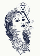 Art Nouveau Woman Tattoo And T-shirt Design. Symbol Of A Retro, Queen, Princess, Lady, Elegance, Glamour, Renaissance. Beautiful Glamourous Vintage Art Nouveau  Woman Tattoo. Noir Woman