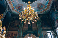  Church Of St. Nicholas, Large Gold Or Bronze Chandelier In The Temple Or Cathedral, Big Bronze With Handelier In The Church, Orthodox Church Inside