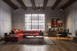 New luxury loft interior with red velvet sofa