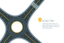 Roundabout Road Junction, Isolated On White Background. Vector Flat Style Illustration With Copy Space. Empty Asphalt Crossroad With Marking. Street Traffic And Transport Design Template.