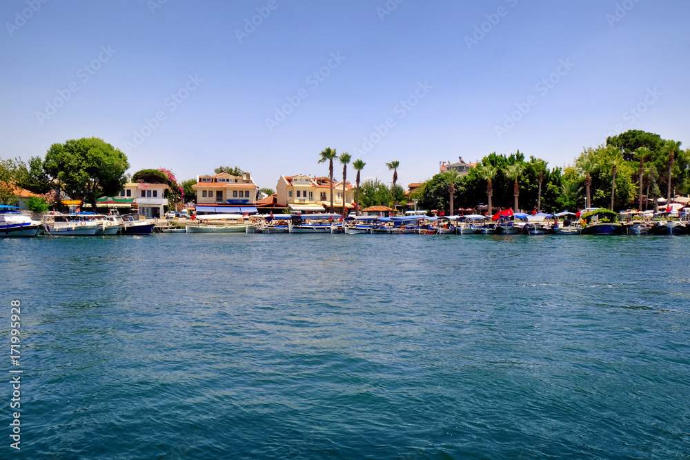 Beautiful view of river and berth on sunny summer day