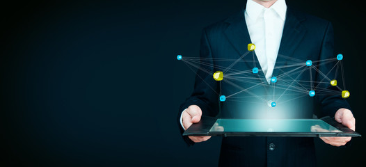man hand tablet  with network in screen